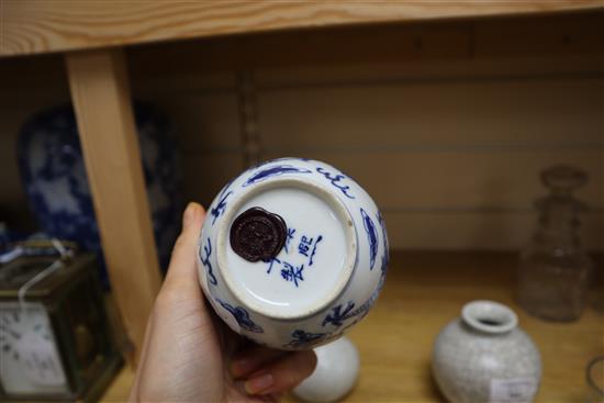 Two Chinese crackle glaze vases and a blue and white vase tallest 9.5cm